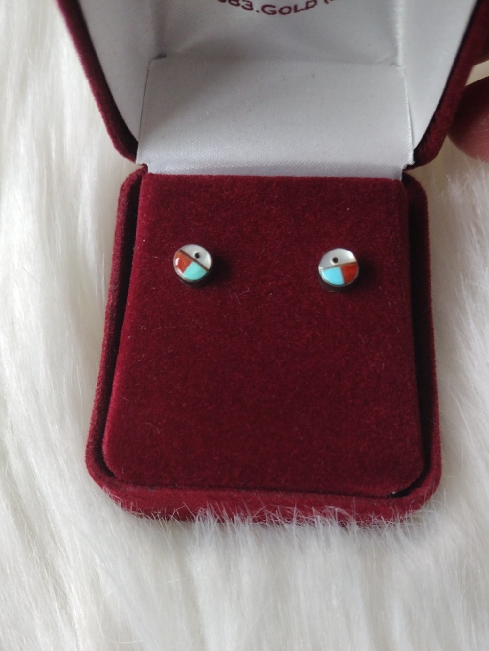 Zuni Sunface Sterling Silver Turquoise & Coral Inlay Stud Earrings
